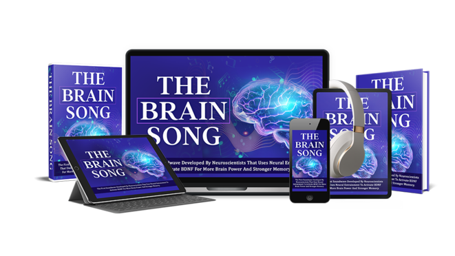 The Brain Song digital audio program with devices shown and buy now offer