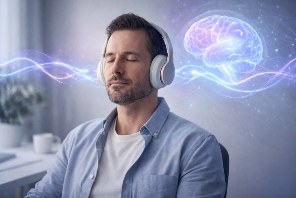 Calm man wearing headphones listening to brainwave audio for focus and mental clarity