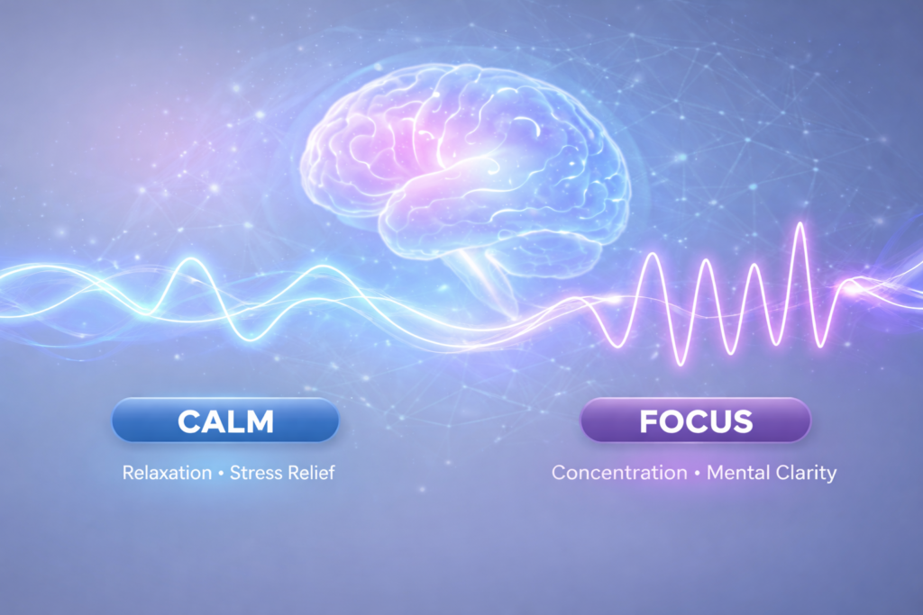 Brainwaves illustration showing calm and focus states with glowing brain waves