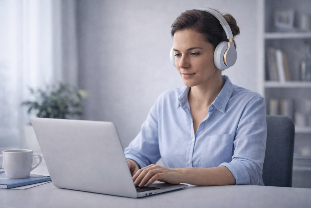 Woman working calmly on a laptop while wearing headphones for focus and concentration