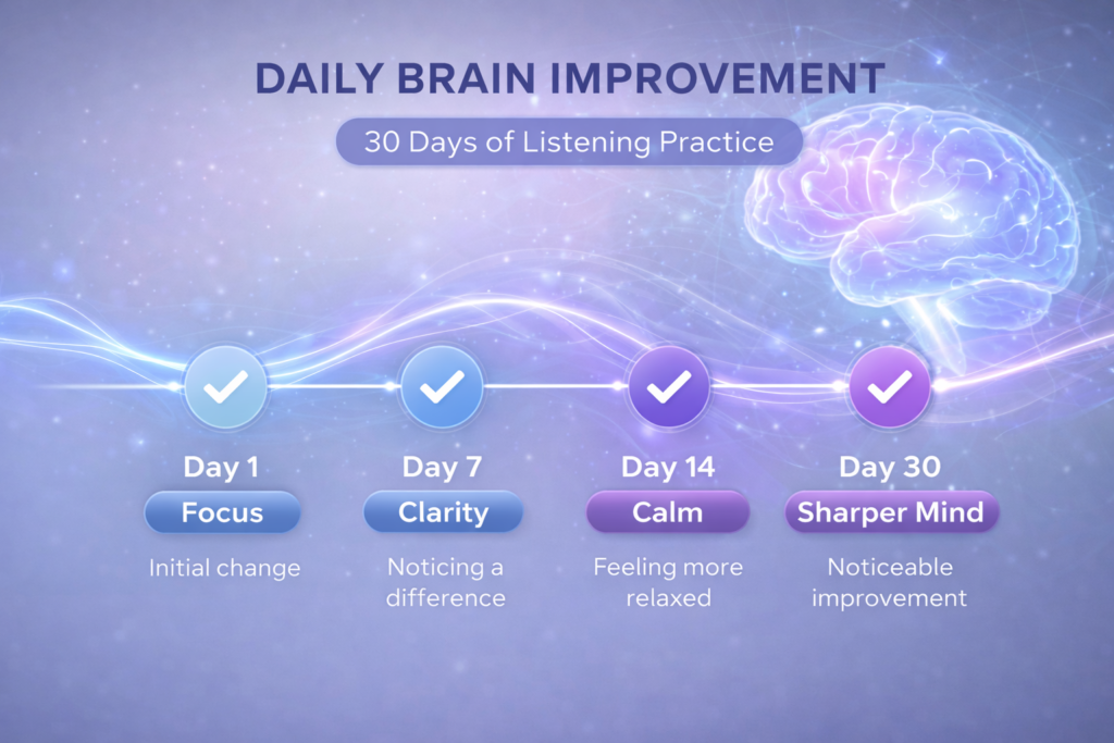 Timeline showing daily brain improvement from focus to sharper mind over 30 days