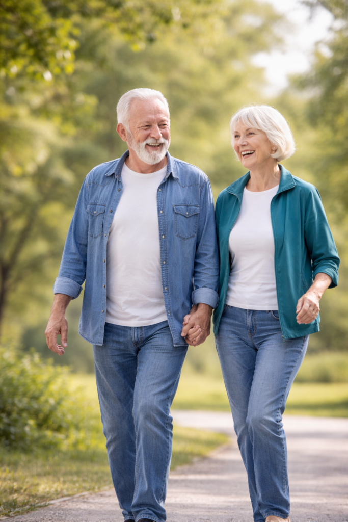 Happy senior man and woman walking outdoors comfortably and smiling