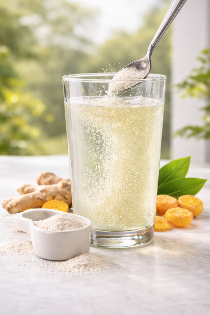 Joint supplement powder mixed in a glass of water