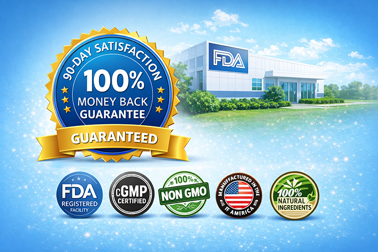 Trust badges 90-day money-back guarantee, FDA registered facility, cGMP certification, non-GMO, and natural ingredients.