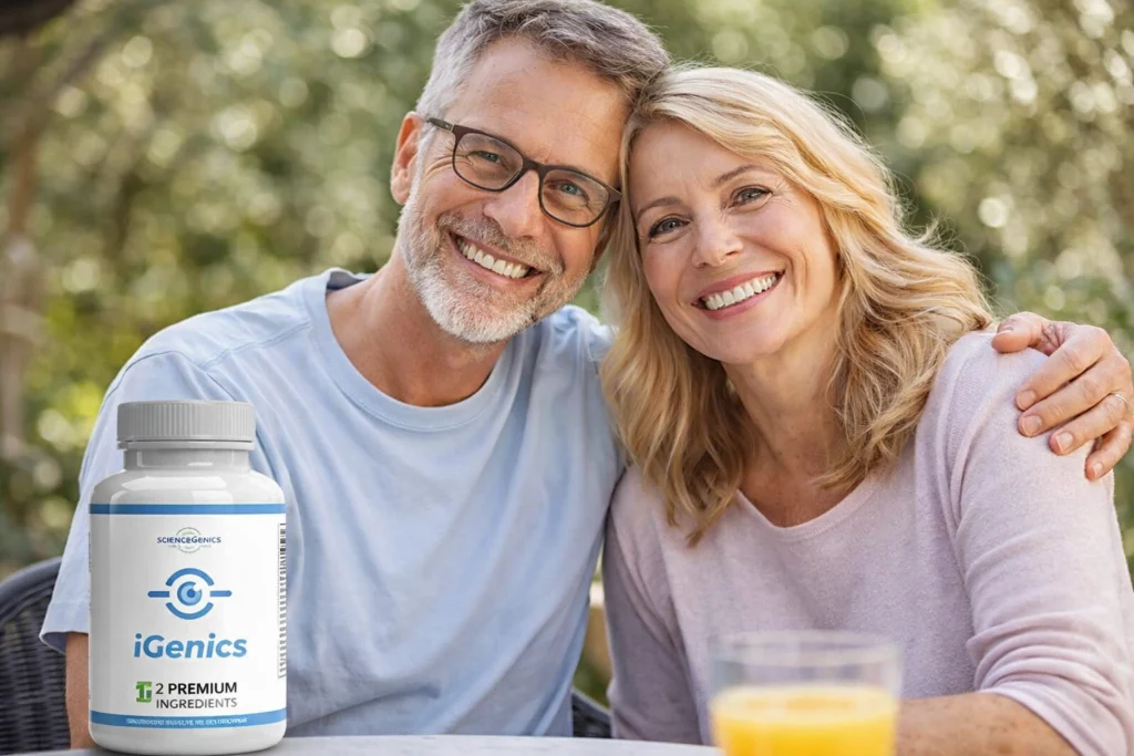 Happy middle-aged couple enjoying outdoor time with iGenics vision support supplement bottle