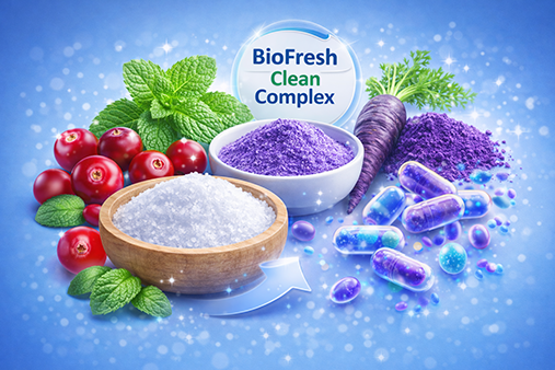 Natural oral health ingredients including xylitol, cranberries, probiotics, and purple carrot powder