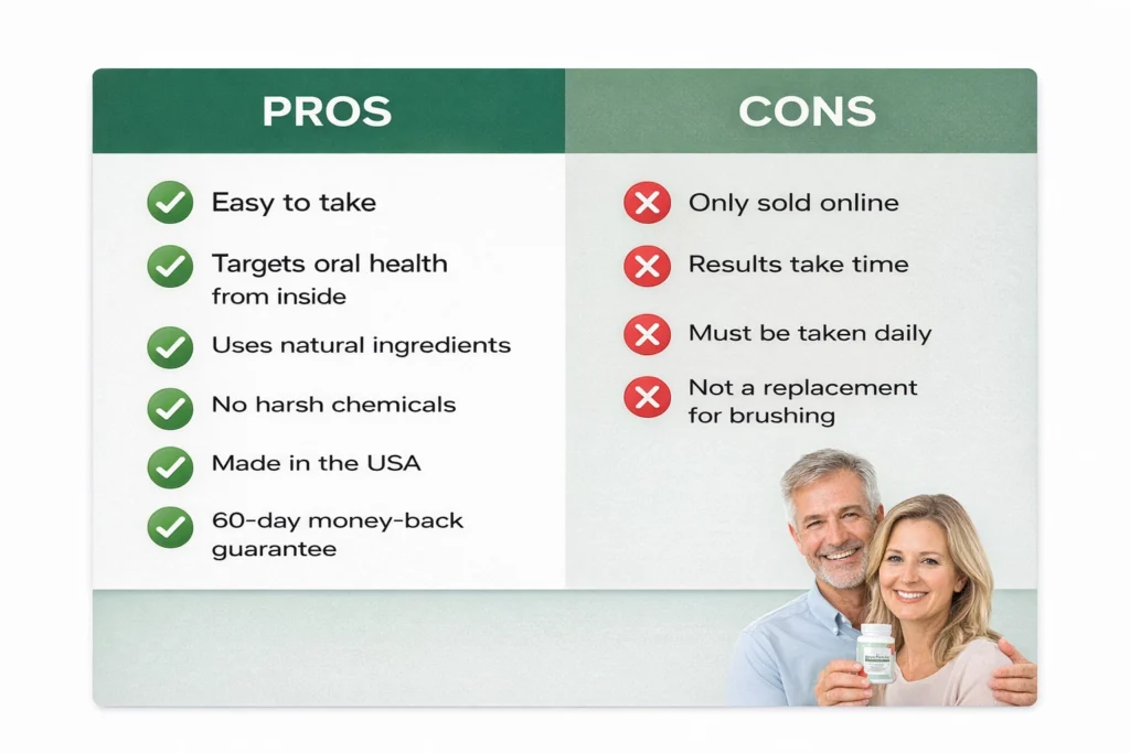 ProDentim pros and cons chart showing benefits and drawbacks of the oral probiotic supplement