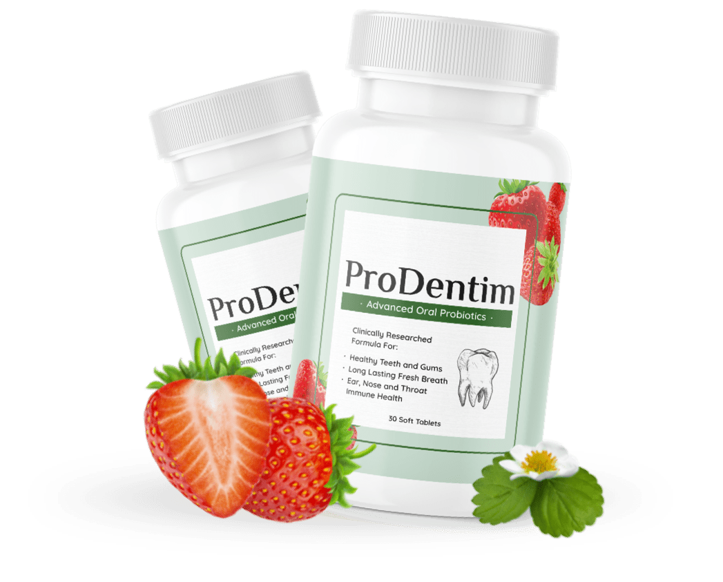 ProDentim review showing oral probiotic supplement bottle with natural ingredients for teeth and gum health