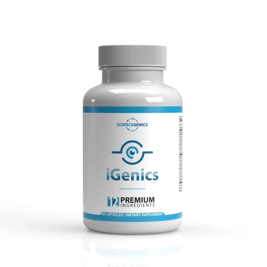 iGenics vision support supplement bottle with 12 premium ingredients