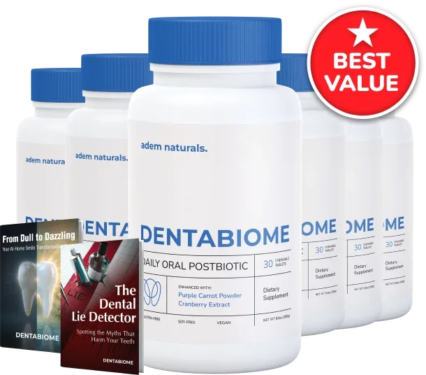 Six-bottle DentaBiome package with pictured digital bonuses