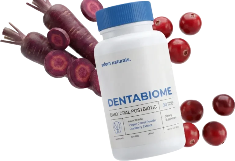 DentaBiome oral postbiotic supplement bottle with purple carrots and cranberries
