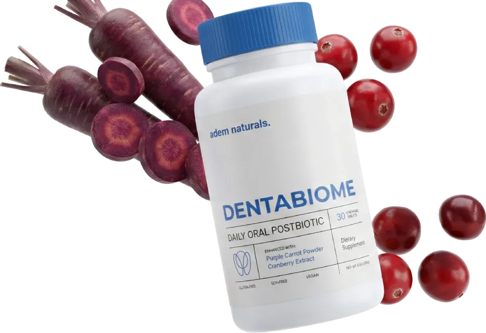 DentaBiome oral postbiotic supplement bottle with purple carrots and cranberries