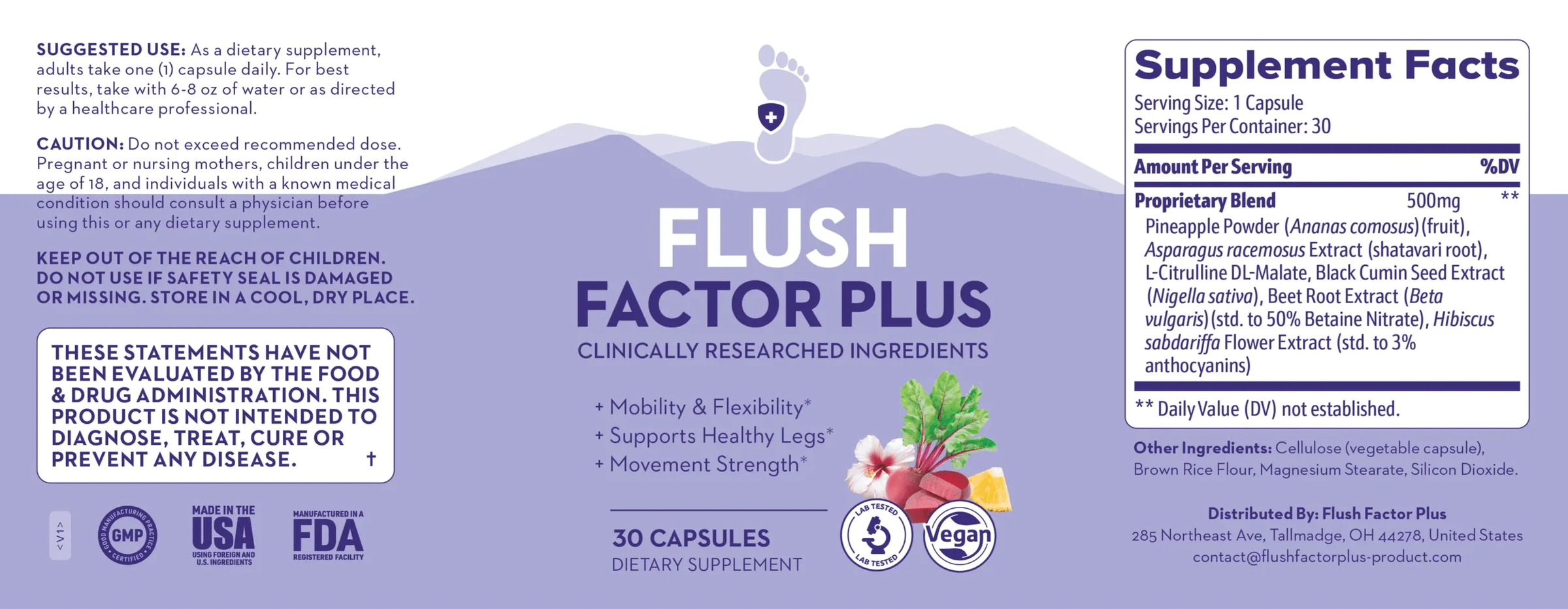 Actual Flush Factor Plus label showing directions, caution and six-ingredient 500 mg proprietary blend