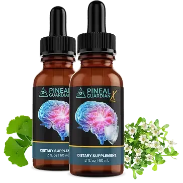 Two original Pineal Guardian X dropper bottles pictured with green leaves