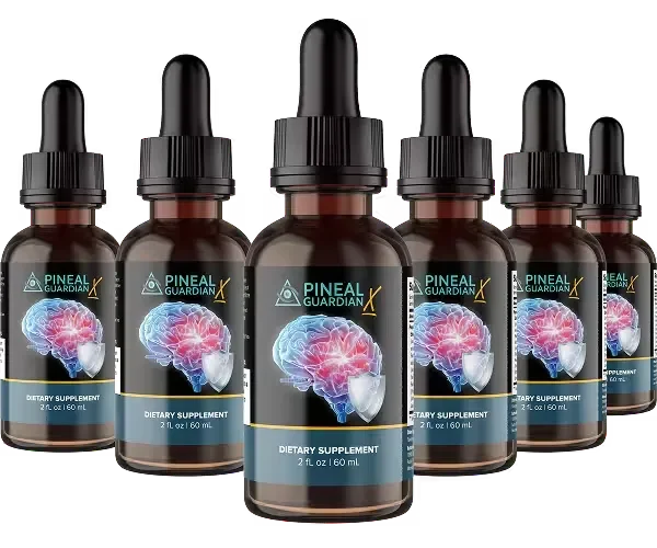 Six Pineal Guardian X dropper bottles pictured together